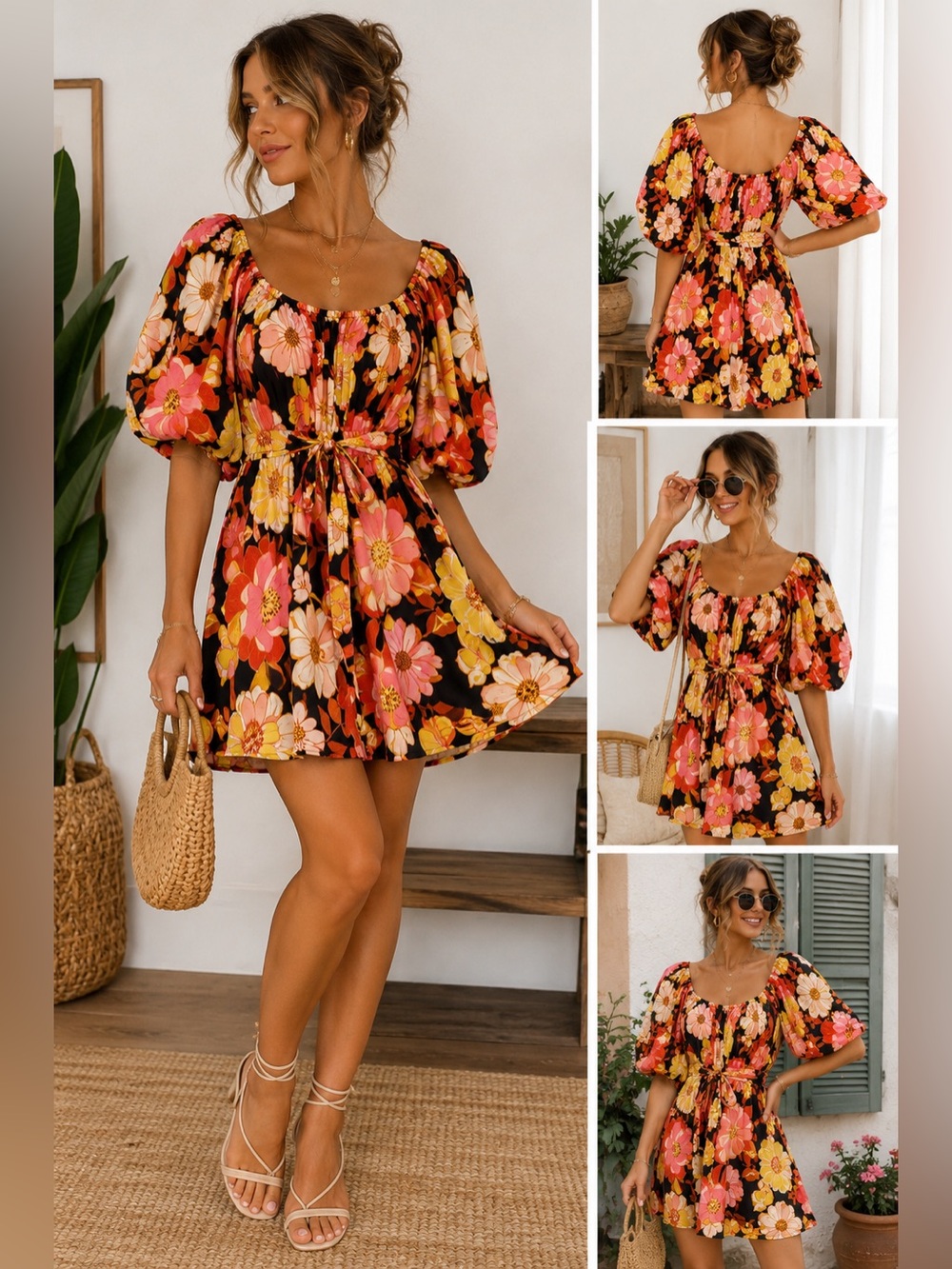 &Merci Retro Floral Puff Sleeve Mini Dress Tie Waist Cottagecore
